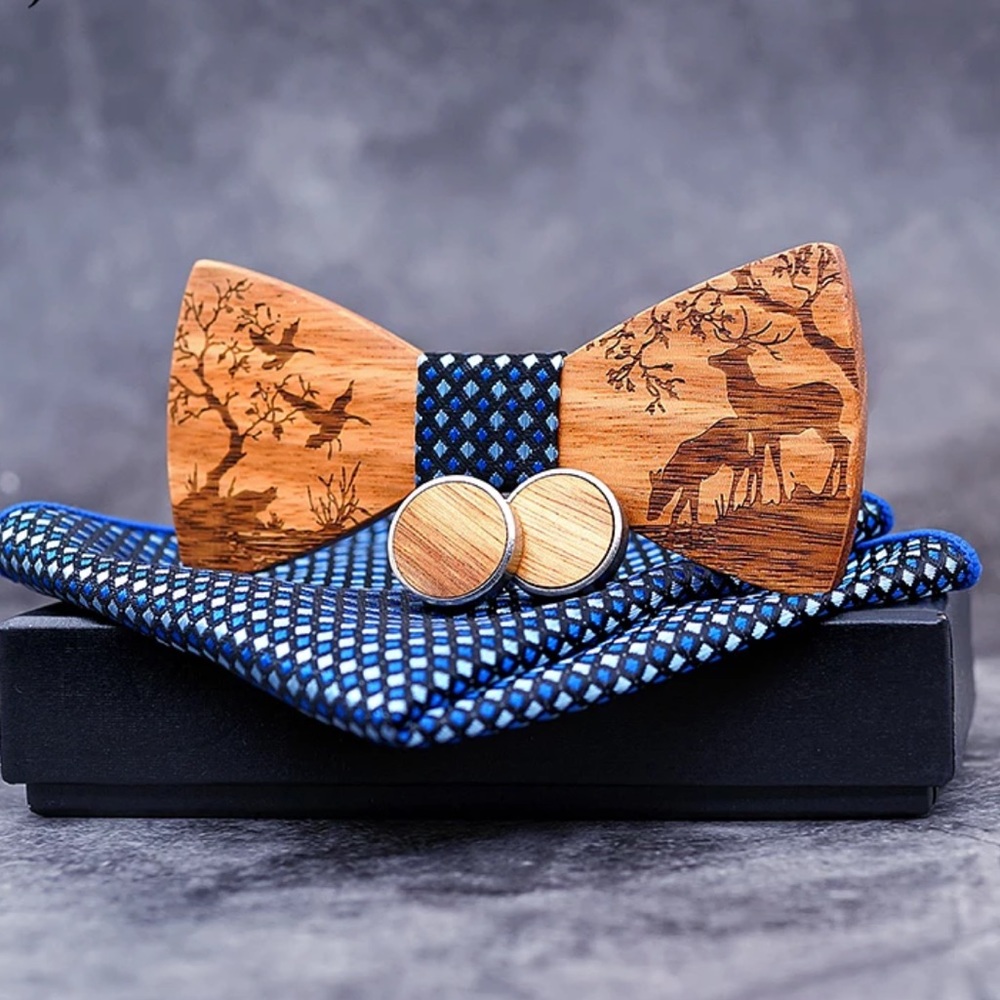 Bowtie handkerchief cufflinks Made of wood new